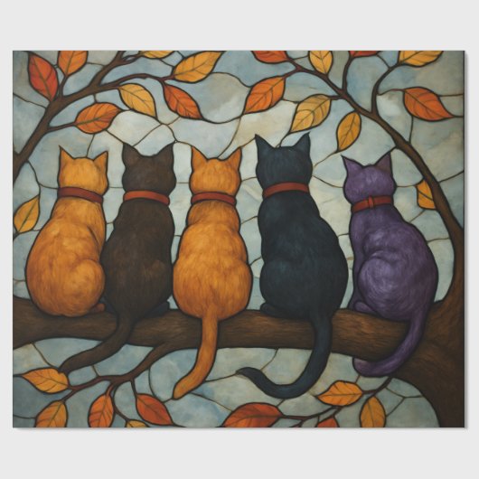 Papier Cadeau Five Cats on a Tree Branch Stained Glass Style (Plat)