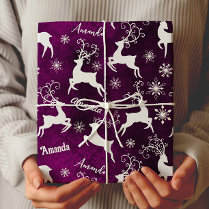 Papier Cadeau Flacons de neige de rennes mignons violet de Noël