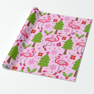 Papier Cadeau Flamant de Noël Tropical Avec Pin sur Fond Rose