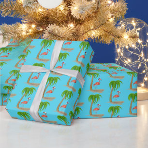 Papier Cadeau Flamant rose de Noël et palmier