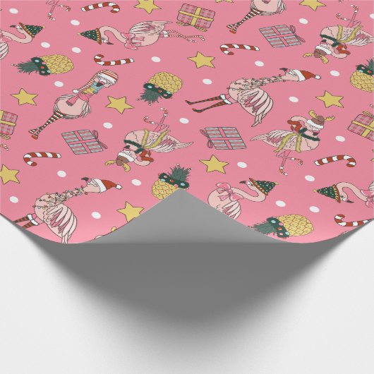 Papier Cadeau Flamant rose de Noël rose mignon et Motif d'ananas (Coin)