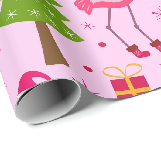 Papier Cadeau Flamant rose de Noël tropical avec Pine Tree sur r (Coin rond)