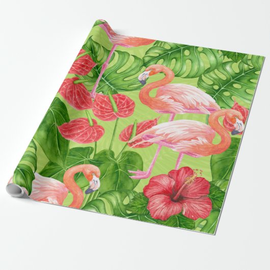 Papier Cadeau Flamant rose et plantes tropicaux (Déroulé)