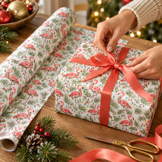 Papier Cadeau Flamant Rose Noël Tropical Aquarelle Palmiers