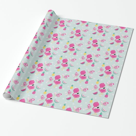Papier Cadeau Flamant rose rose avec pastèque et ananas (Déroulé)