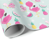 Papier Cadeau Flamant rose rose avec pastèque et ananas (Coin rond)