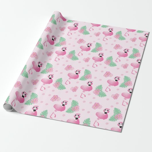Papier Cadeau Flamant rose Tropical Feuilles Fleurs Motif Rose c (Déroulé)