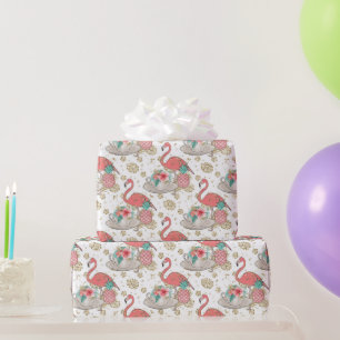 Papier Cadeau Flamant Rose Tropical Oiseaux Filles Anniversaire