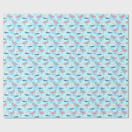 Papier Cadeau Flamant Rose Voilier Bleu Prépa (Plat)