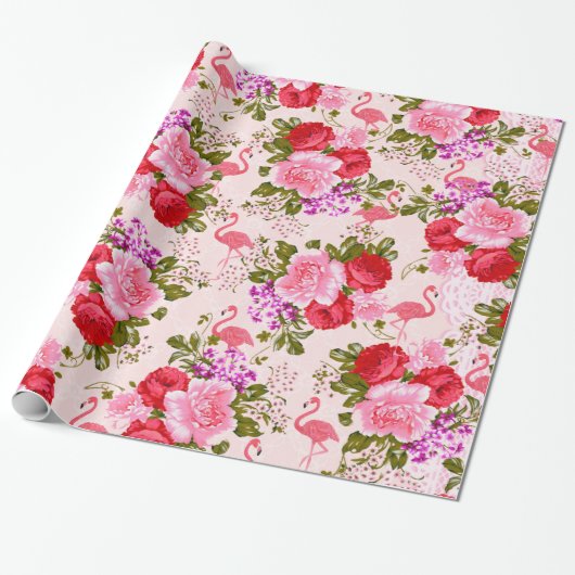 Papier Cadeau Flamant tropical floral de roses de Bohème roses (Déroulé)