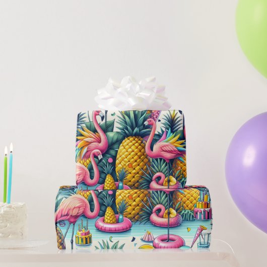 Papier Cadeau Flamants roses de fête tropicale, ananas et ballon (Cadeaux de fête)