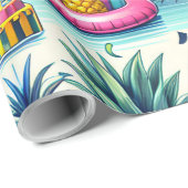 Papier Cadeau Flamants roses de fête tropicale, ananas et ballon (Coin rond)