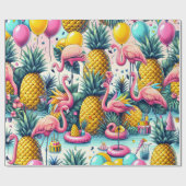 Papier Cadeau Flamants roses de fête tropicale, ananas et ballon (Plat)