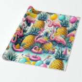 Papier Cadeau Flamants roses de fête tropicale, ananas et ballon (Déroulé)