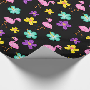 Papier Cadeau Flamants roses et fleurs roses mignons Noir