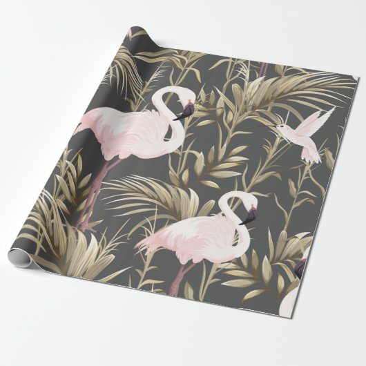 Papier Cadeau flamants roses et plantes dorés sans couture motif (Déroulé)