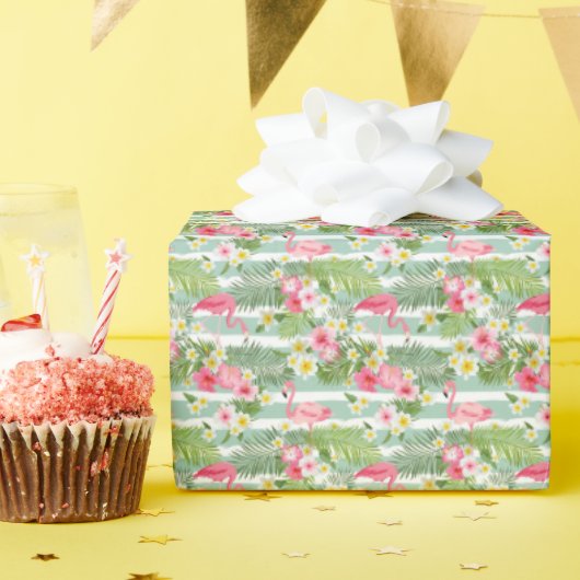 Papier Cadeau Flamants roses Et Rayures (Fête d'anniversaire)