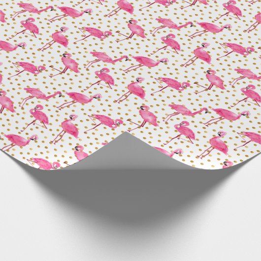Papier Cadeau Flamants roses, points dorés, aquarelle. (Coin)