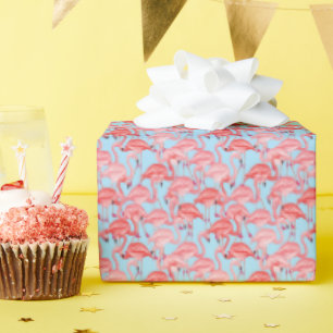 Papier Cadeau Flamants roses Roses Clairs Sur Bleu
