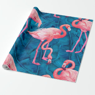 Papier Cadeau Flamants roses sur feuilles de bananes bleues