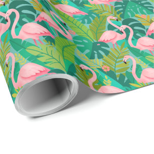 Papier Cadeau Flamants roses tropicaux Feuillage de la jungle