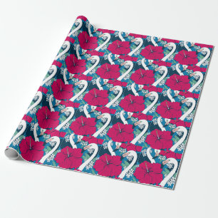Papier Cadeau Flamants roses tropicaux : Hibiscus Plumeria Arriè