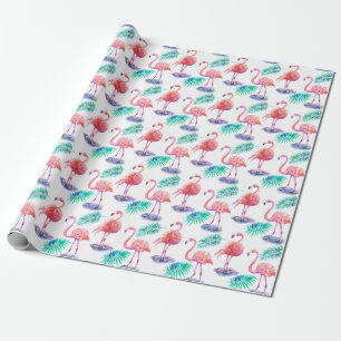 Papier Cadeau Flamants roses tropicaux : Orchidées Aquarelle tra