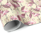 Papier Cadeau Flamingo rose tropical, motif léopard. (Coin rond)