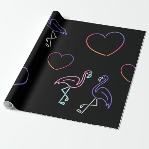 Papier Cadeau Flamingo Rose Violet Néon et Cœurs