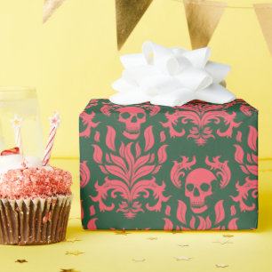 Papier Cadeau Flamme crâne Damas en s'affrontant rose sur vert f