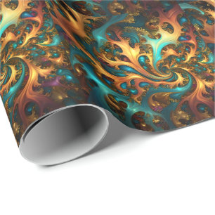 Papier Cadeau Flammes Abstraites or Turquoise orange,