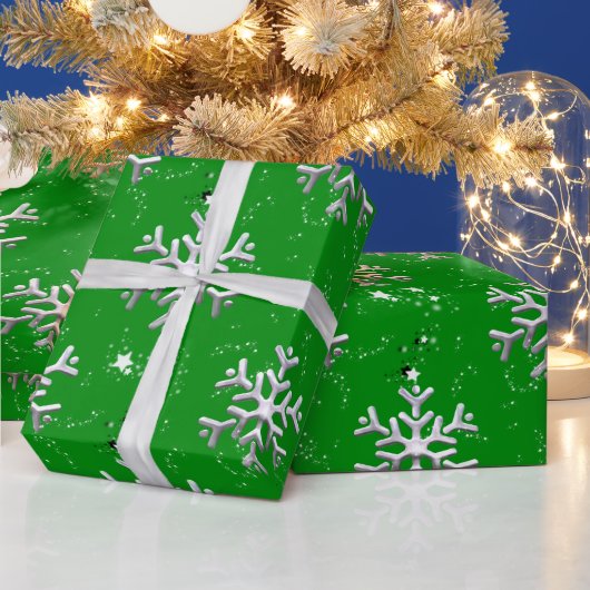 Papier Cadeau Flammes de neige blanches à Noël vert (Vacances)