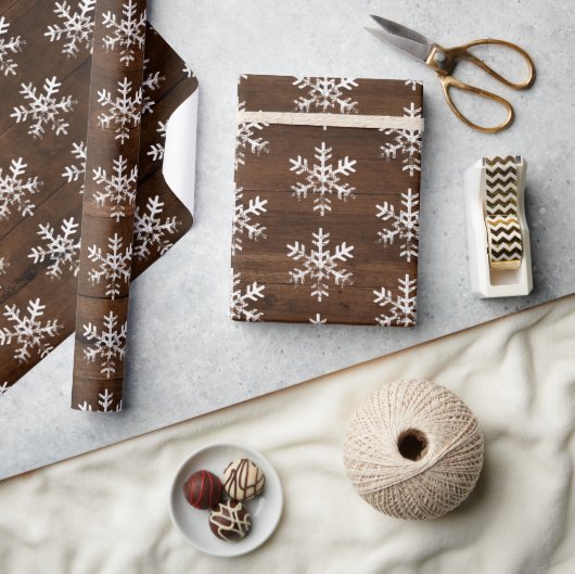 Papier Cadeau Flammes de neige blanches rustiques Bois foncé (Artisanat)