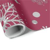 Papier Cadeau Flammes de neige en argent sur rouge foncé (Coin rond)