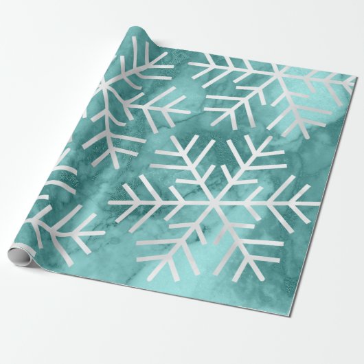 Papier Cadeau Flammes de neige Noël Marbre Turquoise Aqua (Déroulé)