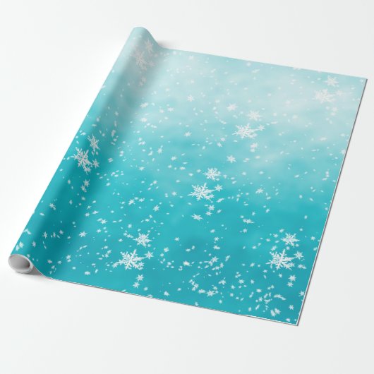 Papier Cadeau Fléaux de neige blanches Tombant Hiver Turquoise O (Déroulé)