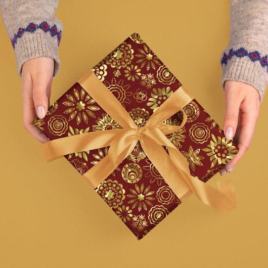 Papier Cadeau Flèches Abstraites de Noël Rouge Et Or 2