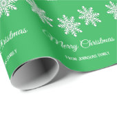 Papier Cadeau Flèches de neige de Noël blanc Joyeux Noël vert (Coin rond)