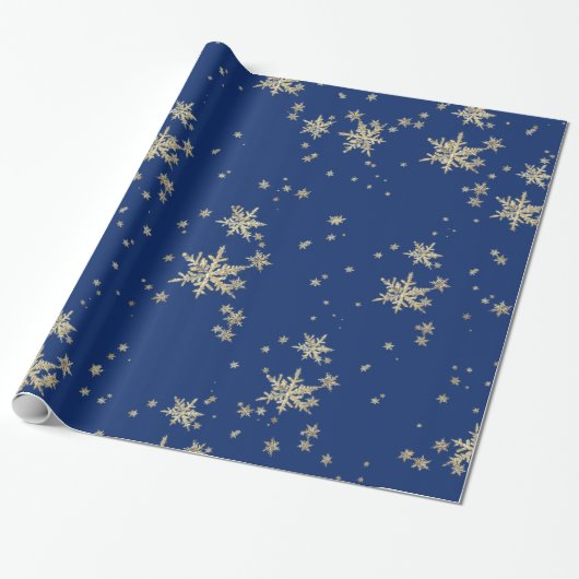 Papier Cadeau Fléchettes De Neige Or Sur Bleu Marine (Déroulé)