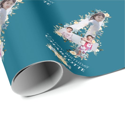 Papier Cadeau Fleur 4e anniversaire Turquoise photo Collage bleu (Coin rond)