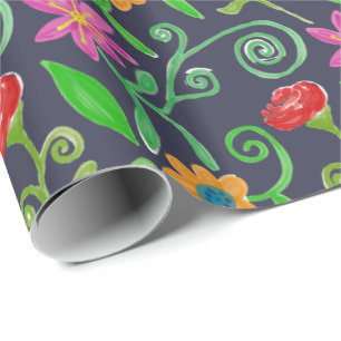 Papier Cadeau Fleur aquarelle fantaisiste bleu marine