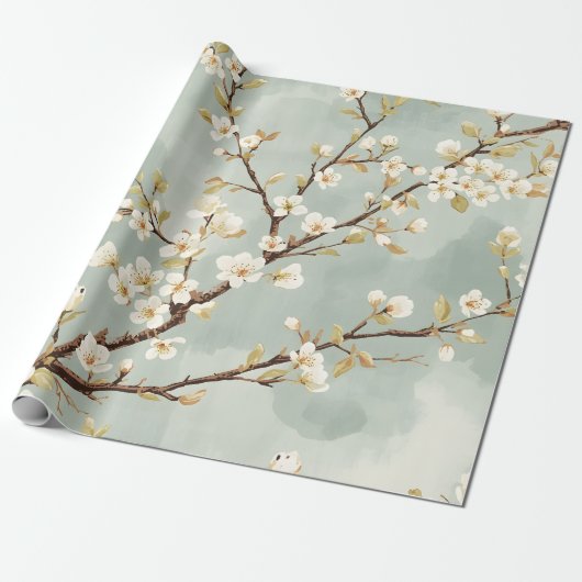 Papier Cadeau Fleur Blanche Délicate de Branche Botanique (Déroulé)