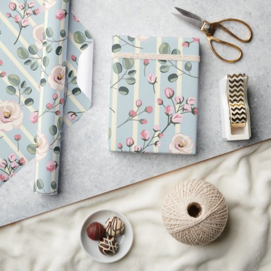 Papier Cadeau Fleur bleu clair rayée (Artisanat)