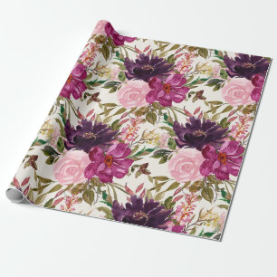 Papier Cadeau Fleur botanique aquarelle magenta rose pourpre