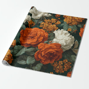 Papier Cadeau Fleur botanique verte orange brûlé rustique gras