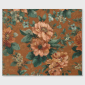 Papier Cadeau Fleur botanique verte orange brûlé rustique gras (Plat)