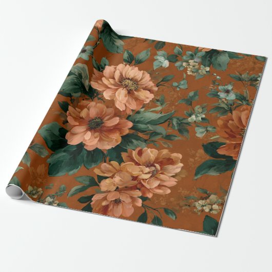 Papier Cadeau Fleur botanique verte orange brûlé rustique gras (Déroulé)