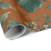 Papier Cadeau Fleur botanique verte orange brûlé rustique gras (Coin rond)