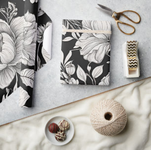 Papier Cadeau Fleur Classique Noir et Blanc Vintage