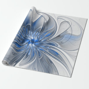 Papier Cadeau Fleur d'art fractal à l'aquarelle bleue grise abst